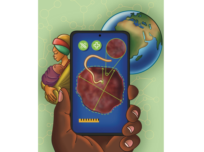 illustration of hand holding cellphone with mother and globe in background