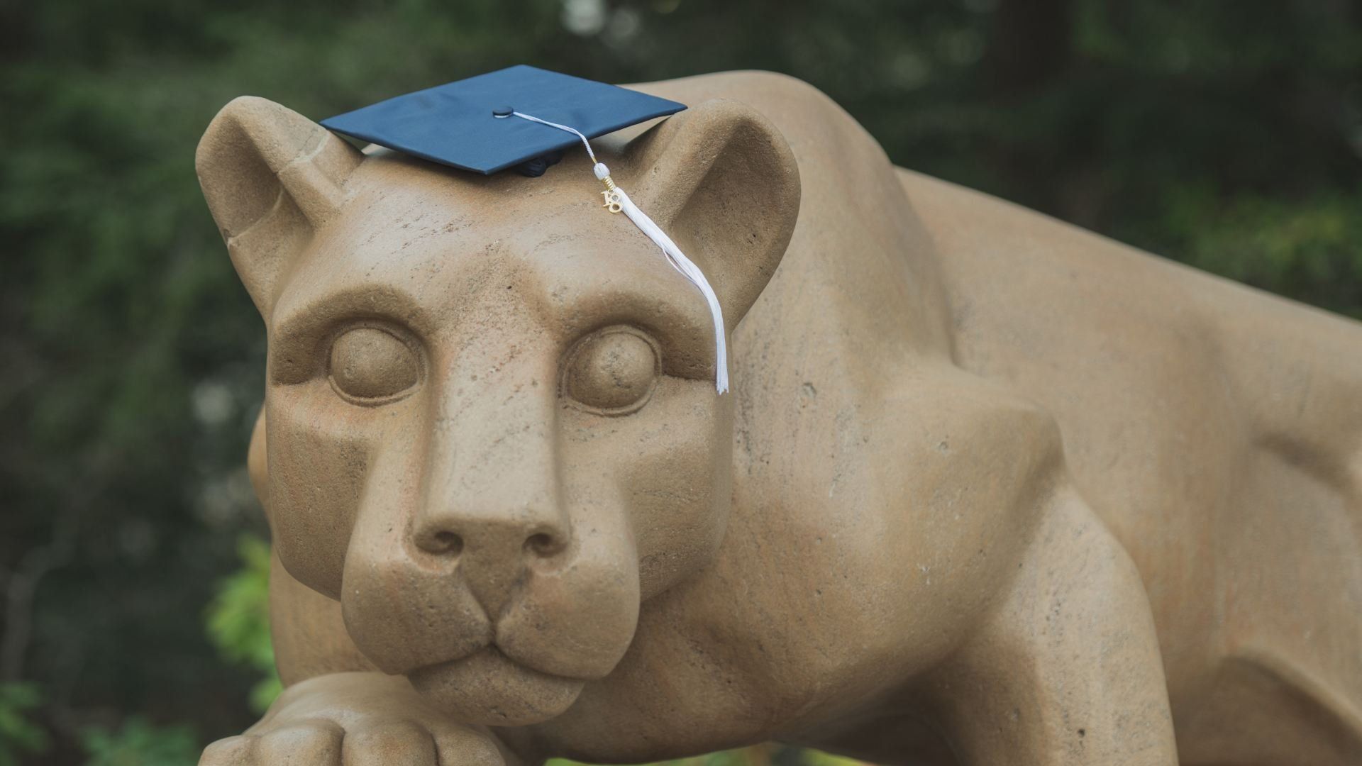 Penn State Nittany Lion statue wearing a graduation cap