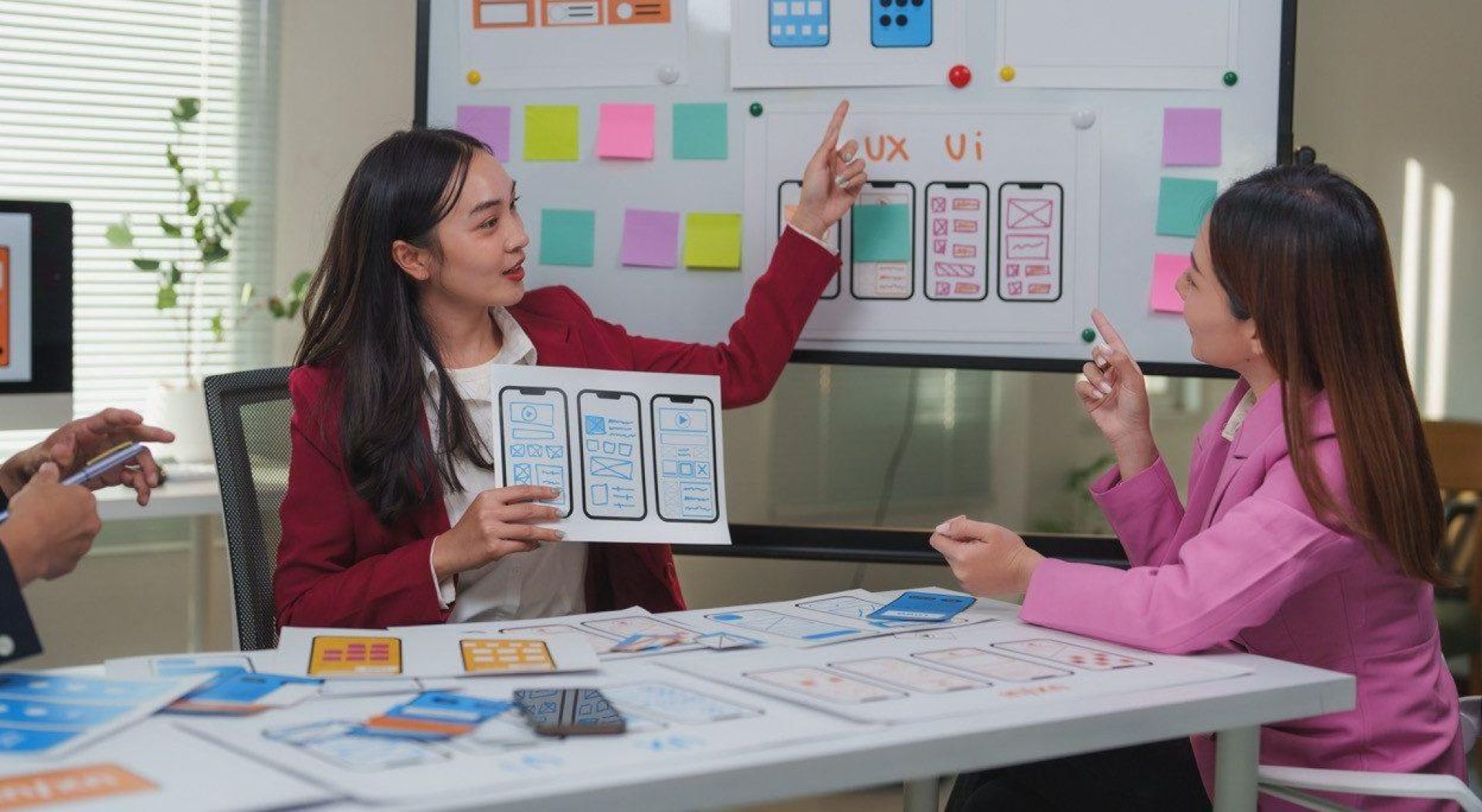 Two people review a design for a mobile application.