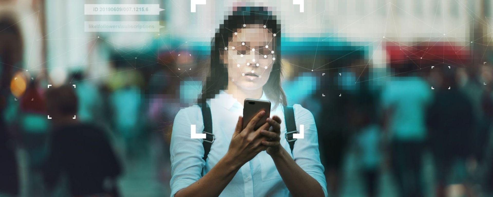A woman using a smartphone with facial recognition technology.