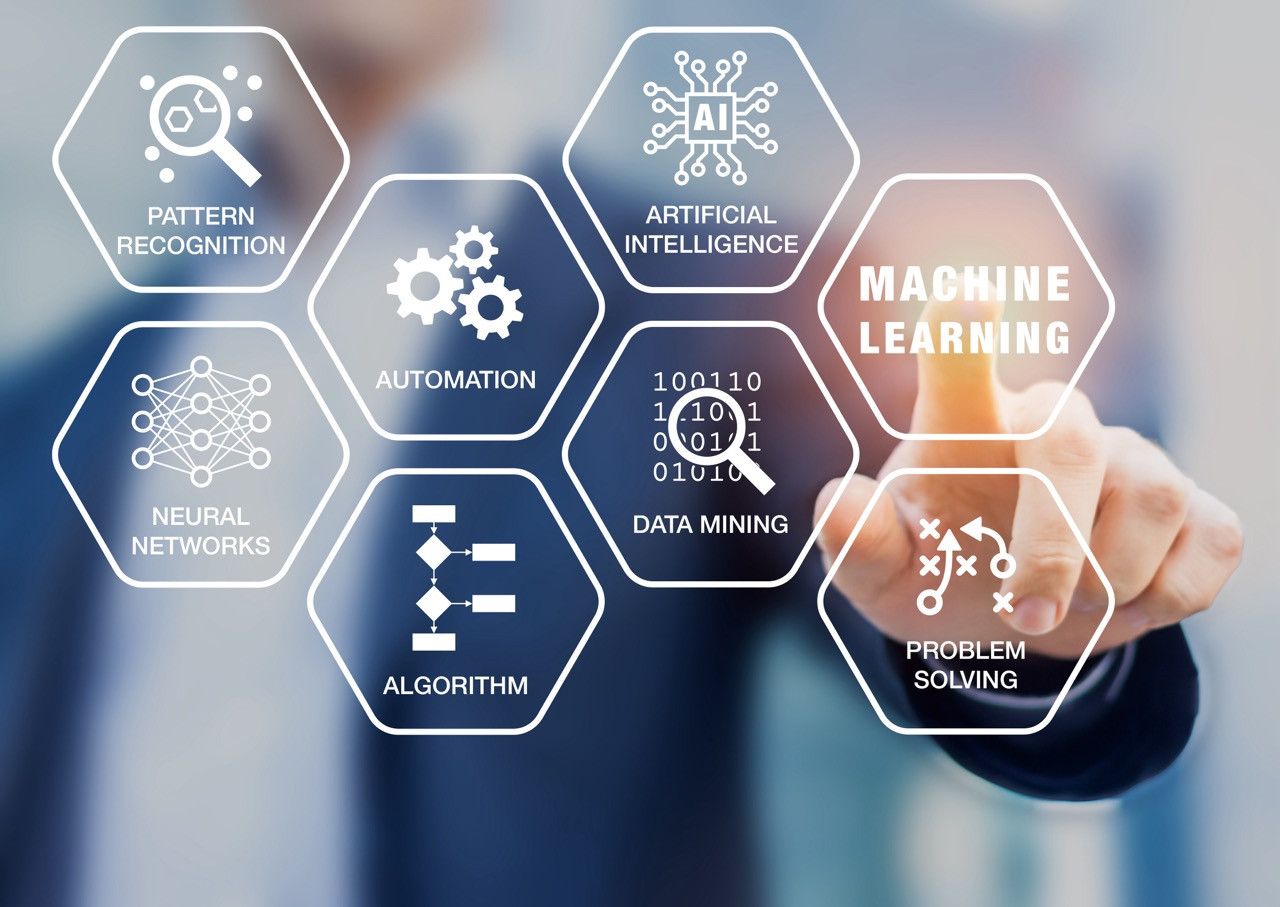 Graphic representation of a touchscreen with machine learning, pattern recognition, artificial intelligence, and icons.