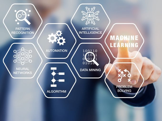 Graphic representation of a touchscreen with machine learning, pattern recognition, artificial intelligence, and icons.