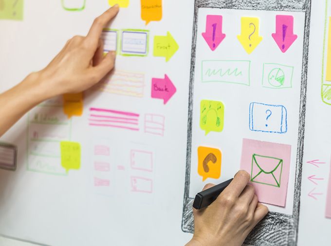 People brainstorming on a whiteboard with icons and stick-notes.