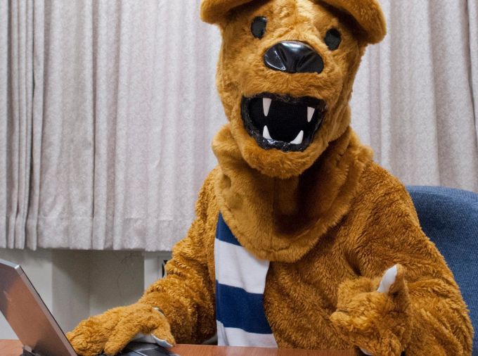 Penn State Nittany Lion mascot using a laptop.