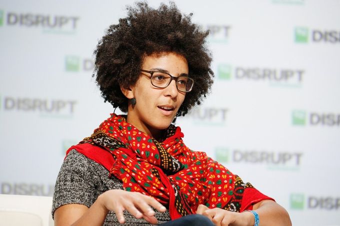Timnit Gebru speaking at TechCrunch Disrupt SF.