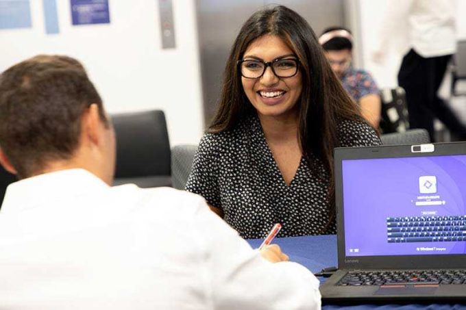 Career counseling between a student and an adviser.