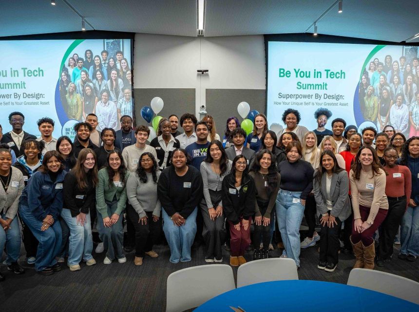 A group poses at the Be You in Tech Summit