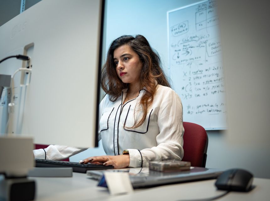 A doctoral student working at a computer.