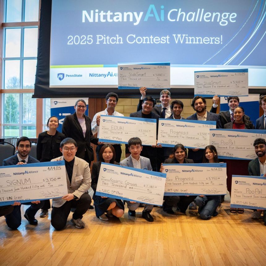 Winning teams of the 2025 Nittany AI Challenge pose for a photo.