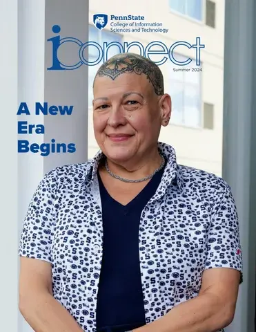 iconnect Summer 2024 cover - Bald person with a tattooed head wears a navy v-neck t-shirt with an unbottoned short sleeve patterned shirt adorned with Penn State logos with the text A New Era Begins