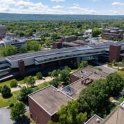 An aerial photo of the Westgate Building on the Penn State campus.
