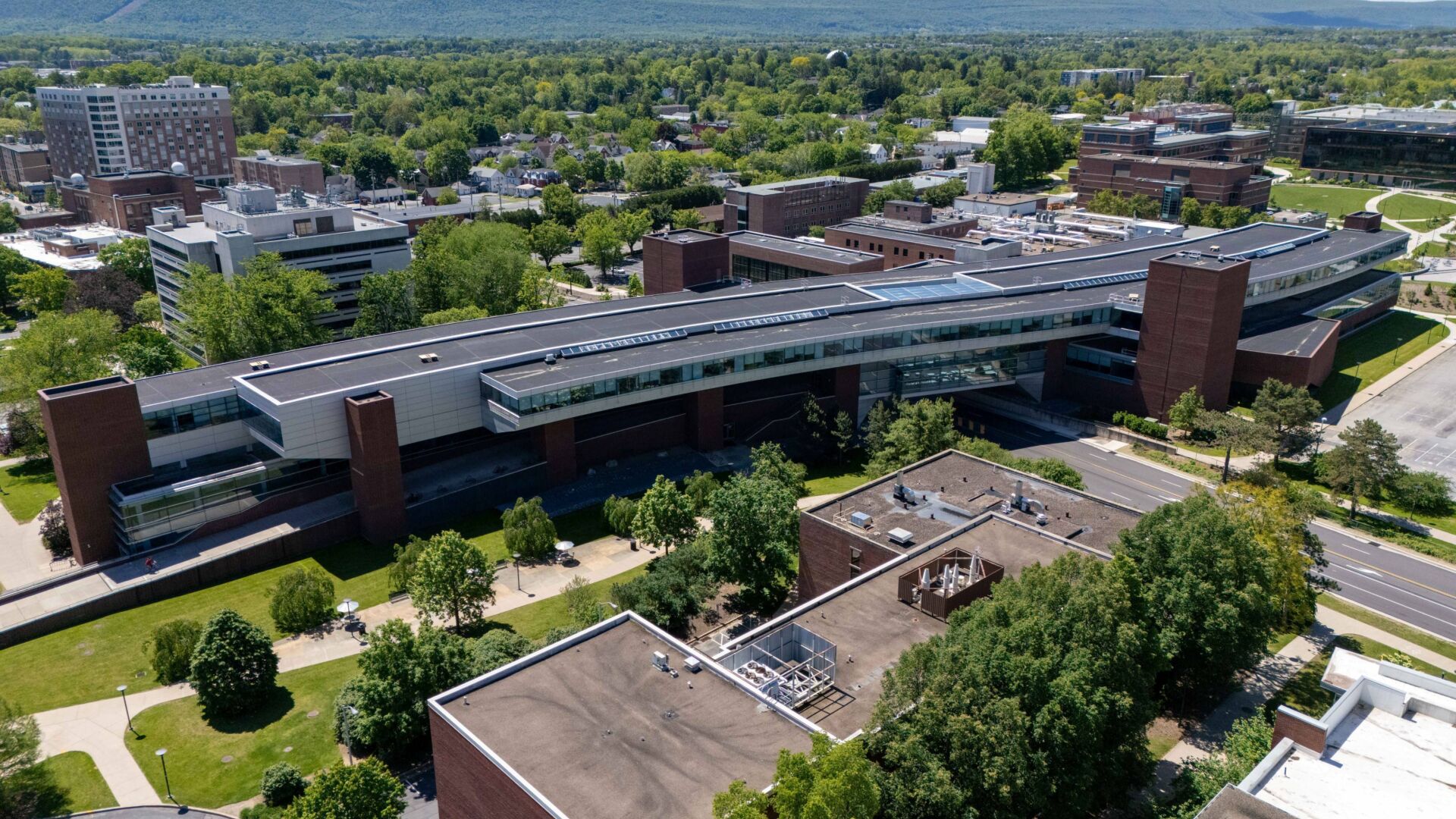 An aerial photo of the Westgate Building on the Penn State campus.