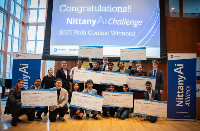 Winners of the 2025 Nittany AI Challenge pose with their awards.