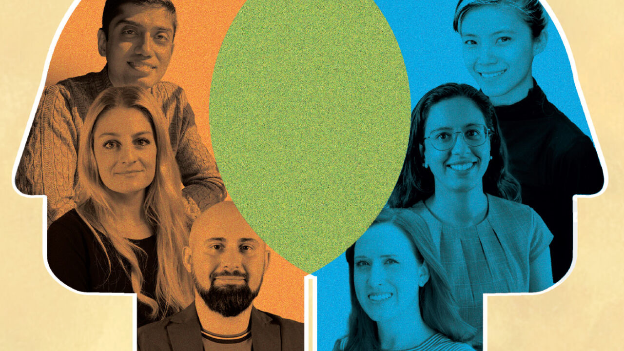 Composite of six researchers and an intersection of illustrated people