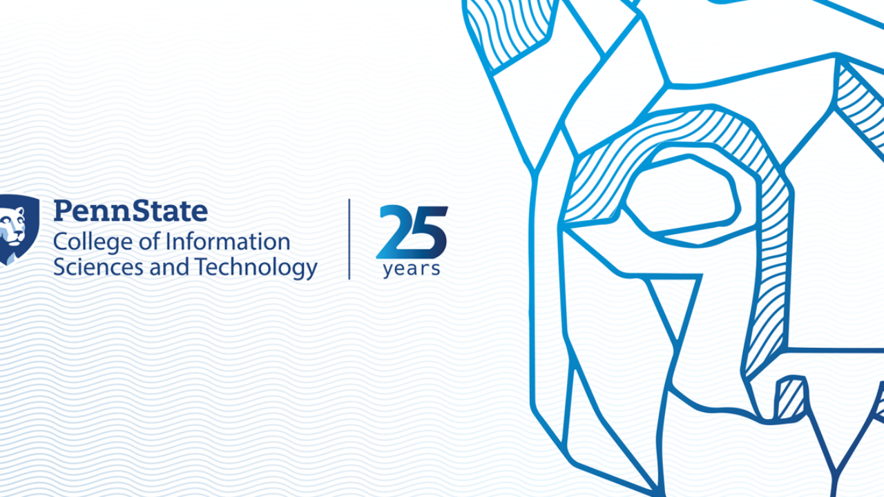 Abstract illustration of a mountain lion face with the Penn State College of Information Sciences and Technology logo next to 25 Years