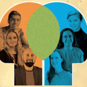 Composite of six researchers and an intersection of illustrated people
