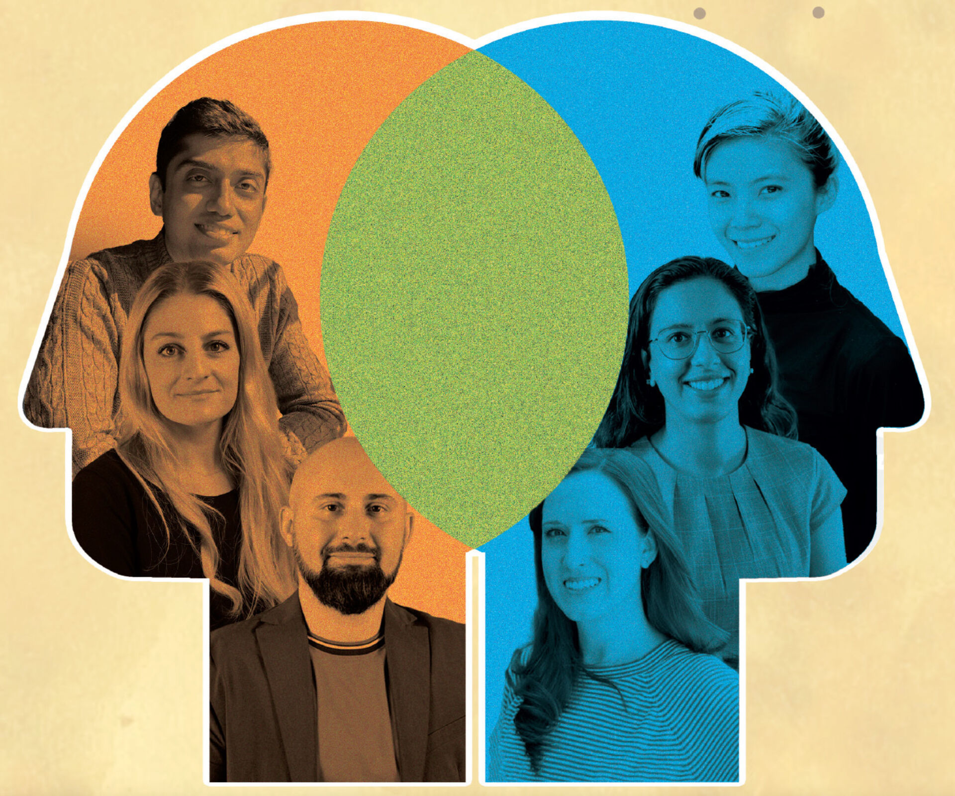 Composite of six researchers and an intersection of illustrated people
