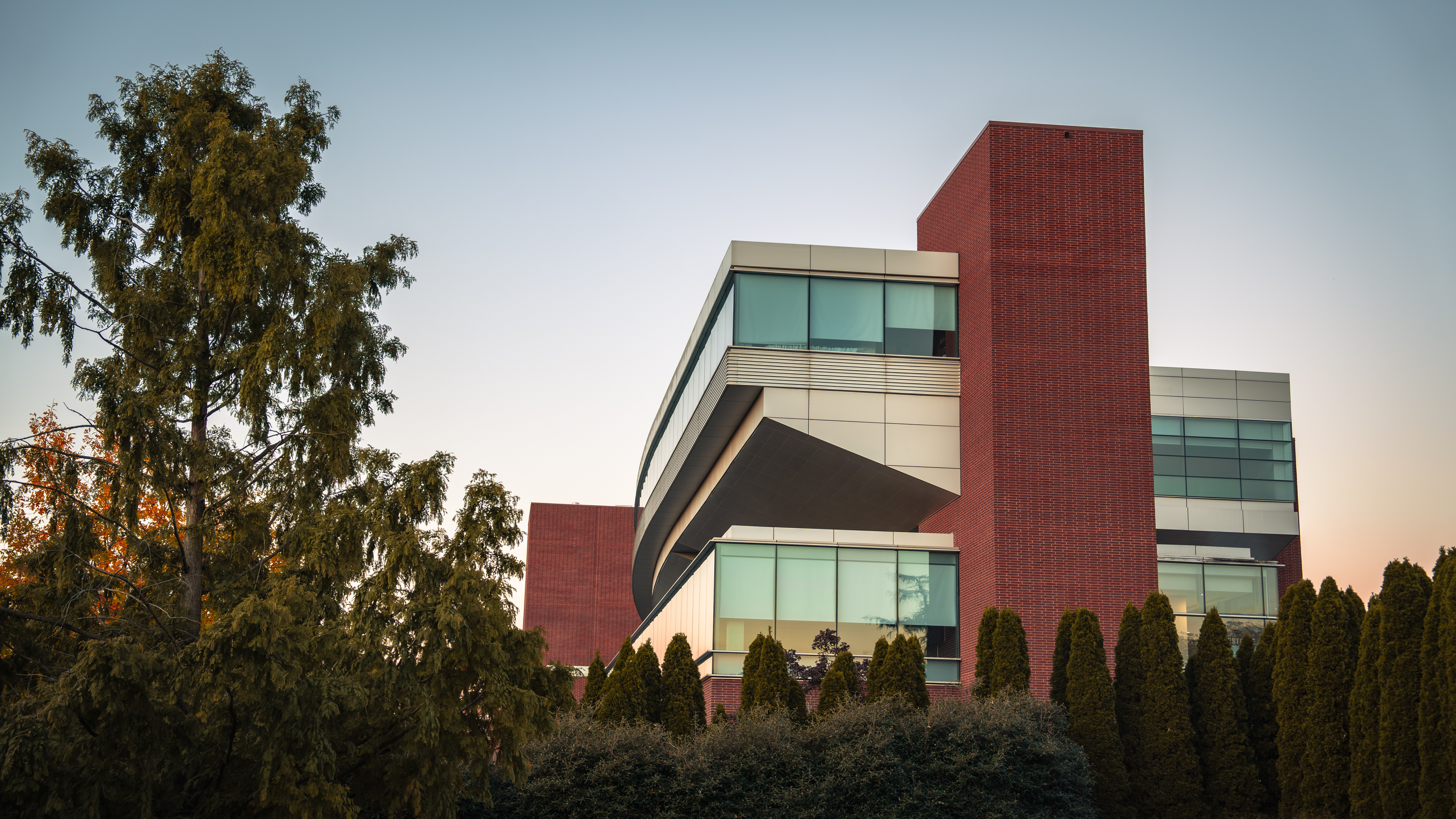 campus building at sunset